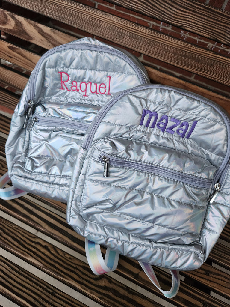 Iridescent Puffer Mini Backpack White Gradient Star Straps | Top Trenz