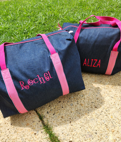 Denim and Hot Pink and White Stripe Duffle