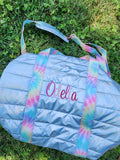 Iridescent Metallic Puffer Duffel Bag with Tie Dye Pastel Straps