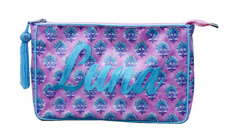 Large purple and turquoise print cosmetic bag